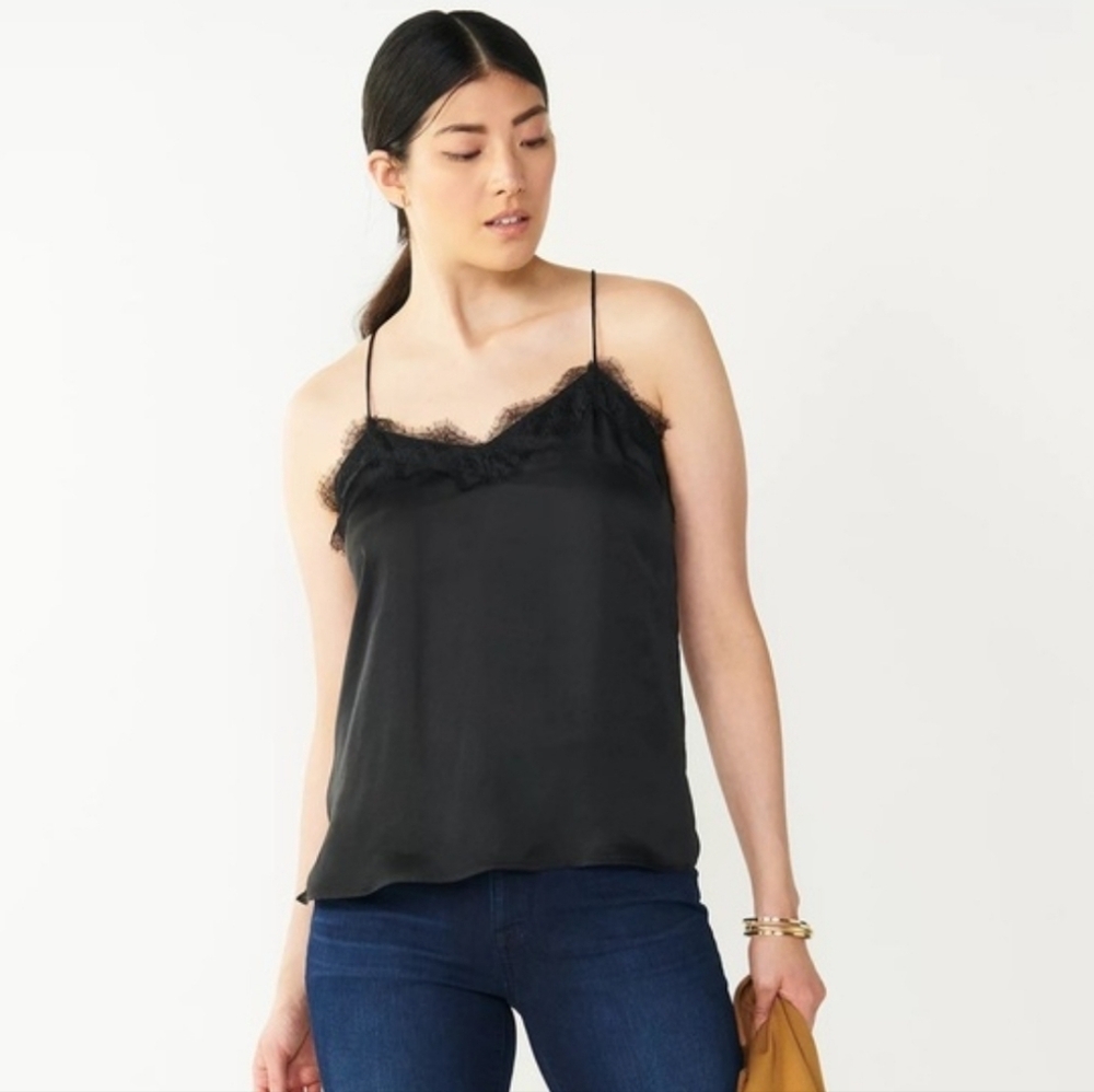🍒 Nine West Black Lace Trim Cami Tank Top Adjustable Straps M